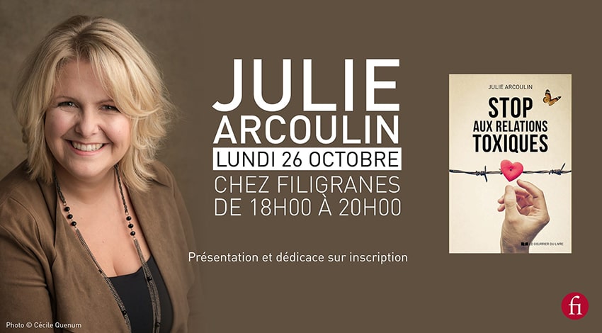 Rendez-vous chez Filigranes le 26 octobre avec Julie Arcoulin
